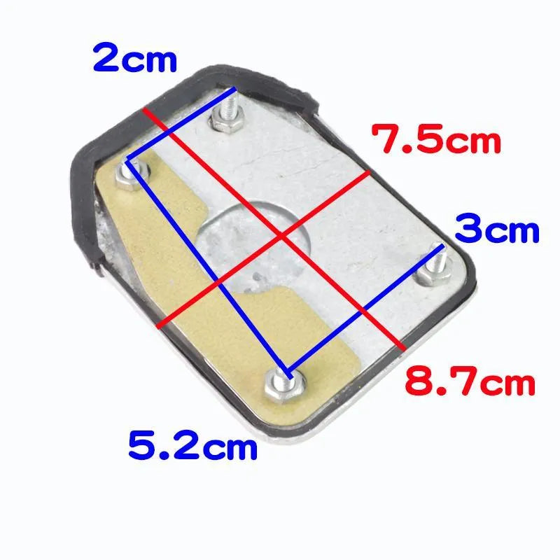 Metal motorcycle brake pedal skid plate showing three style variations for different vehicle types