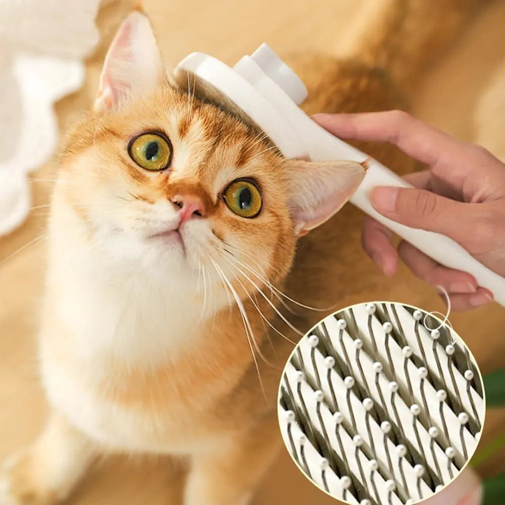 Self-cleaning cat brush with blue handle and rubber-tipped metal pins