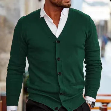 Men's slim fit acrylic cardigan sweater coat in dark grey colour showing long sleeve design and button front