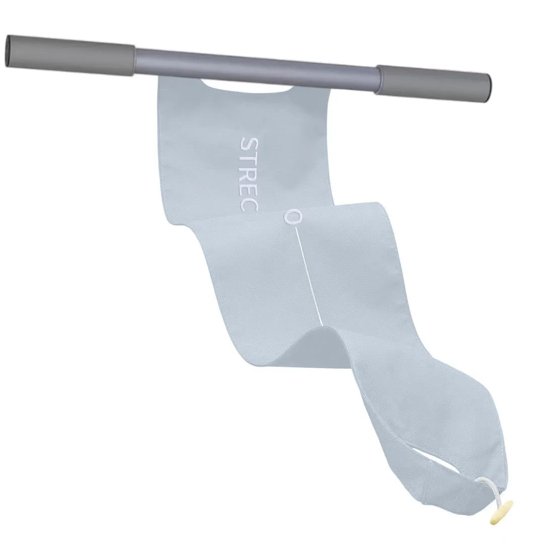 Grey and pink yoga stretching tool for shoulder, back and hip flexibility exercises.