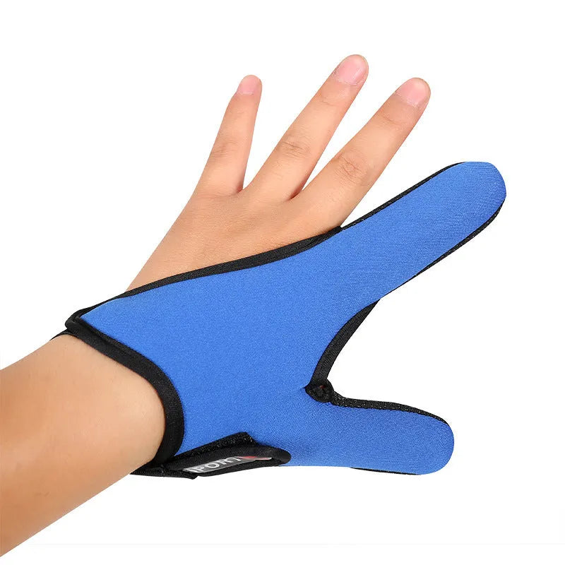 Two-finger fishing glove for tackle handling in blue, made from dive cloth and microfiber palm.