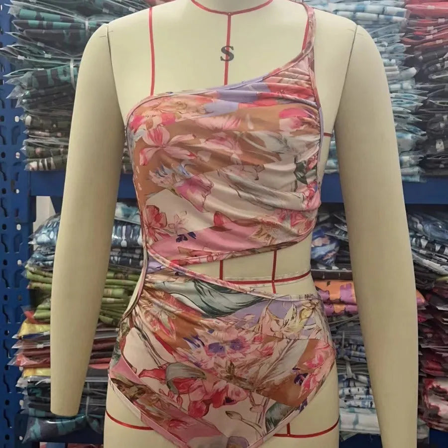 Women's rose gold patterned swimsuit in polyester fabric