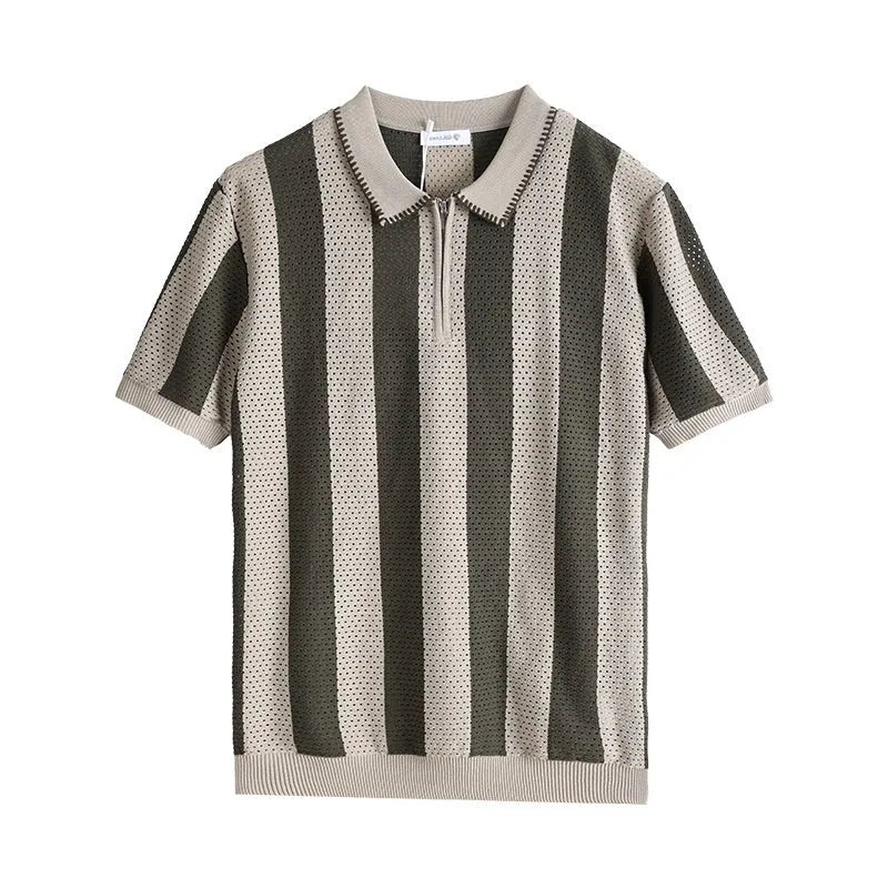 Man wearing a striped short sleeve viscose sweater with zipper details in sapphire blue.