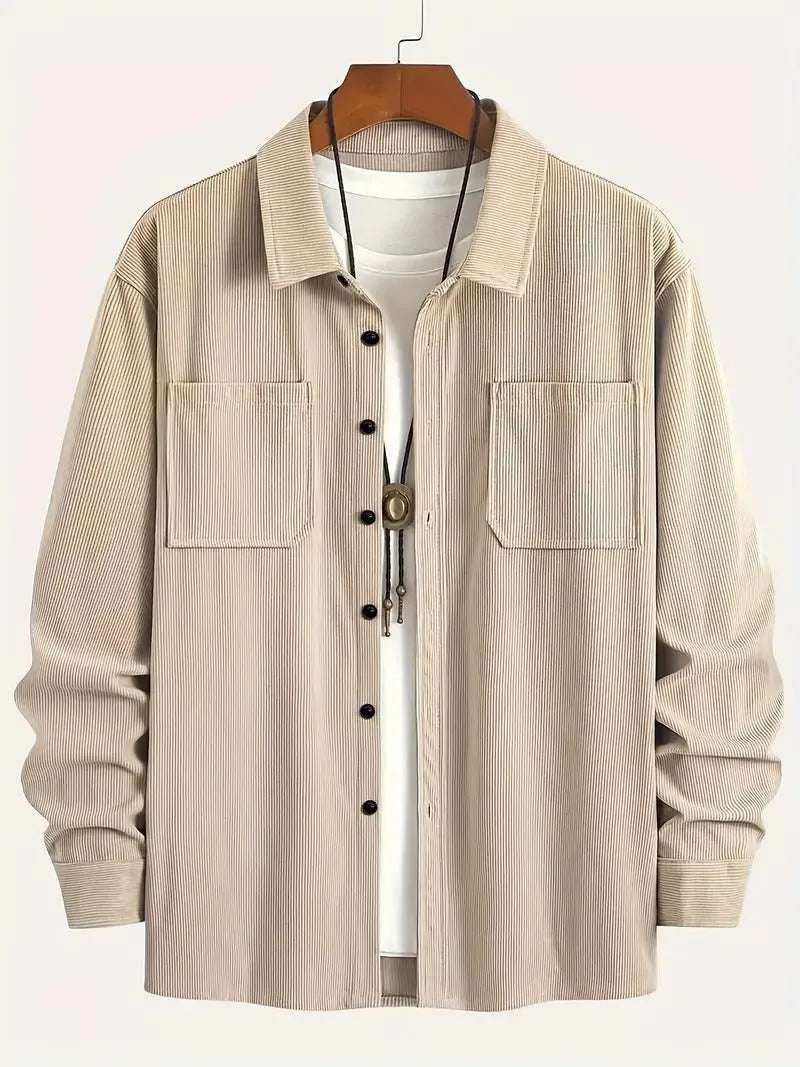 Men's corduroy button jacket in solid colour – army green, front view, with button closure and classic collar