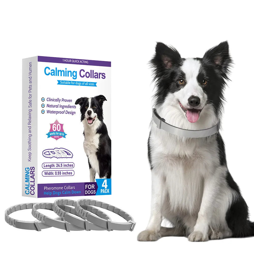 Set of four monochrome TPR dog calming collars in six colour options, each measuring 62 cm.