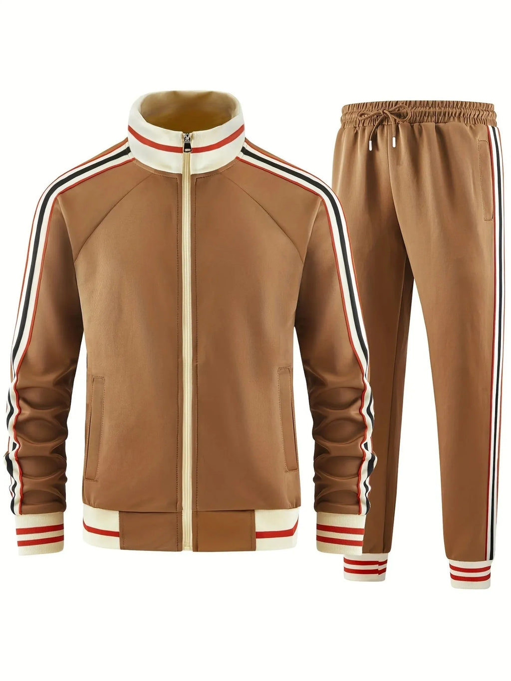 Men's khaki casual streetwear trousers suit with turtleneck zipper cardigan and matching trousers.