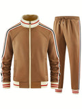 Men's khaki casual streetwear trousers suit with turtleneck zipper cardigan and matching trousers.
