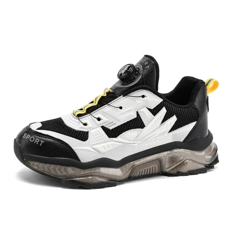 Men's black rotating button dad shoes with a mesh upper and platform sole