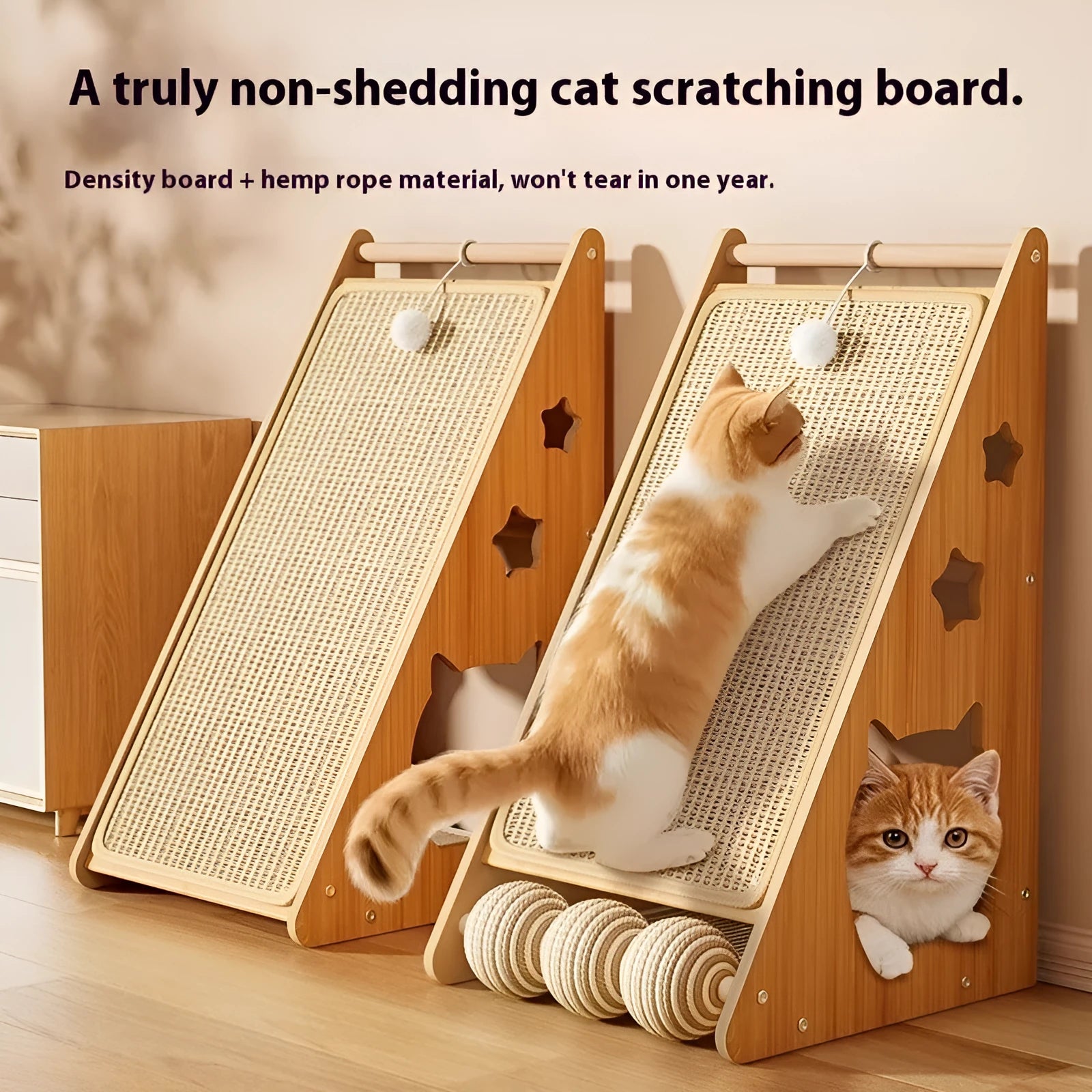 Vertical wall-mounted cat scratch board with sisal surface, featuring a dangling teasing ball and hemp rope.