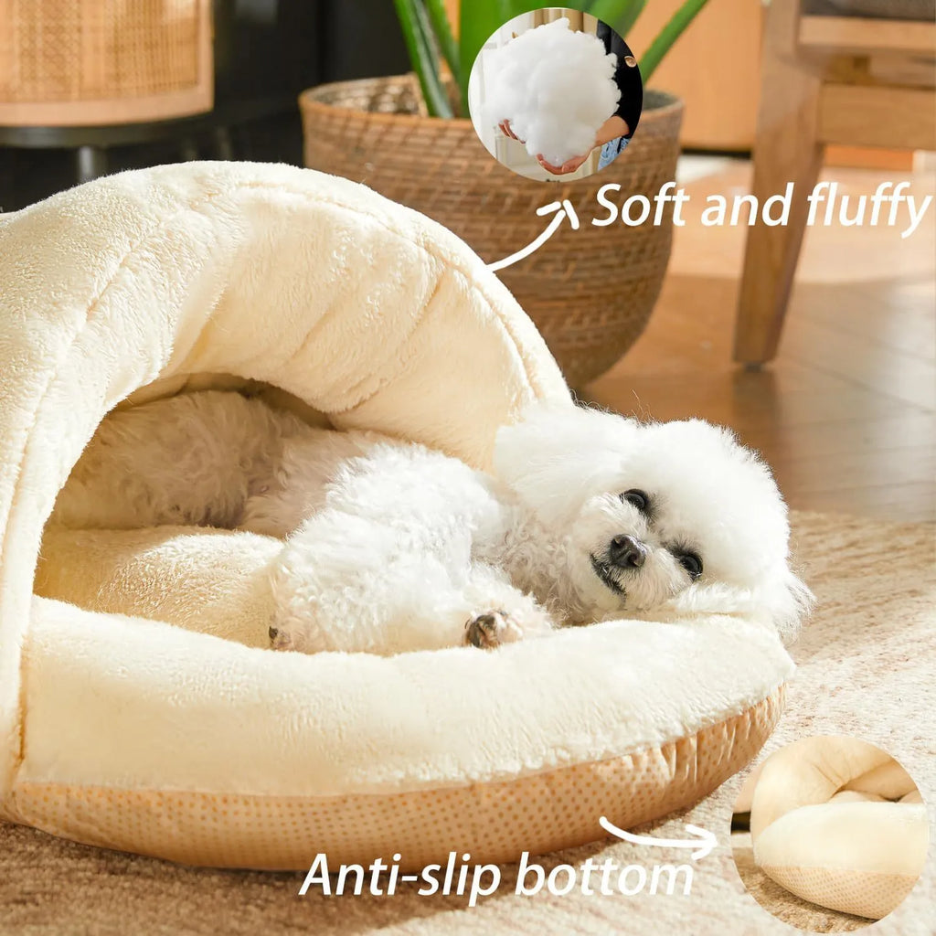 Slipper-shaped cat bed with corduroy exterior shown in closed cave configuration and opened flat position