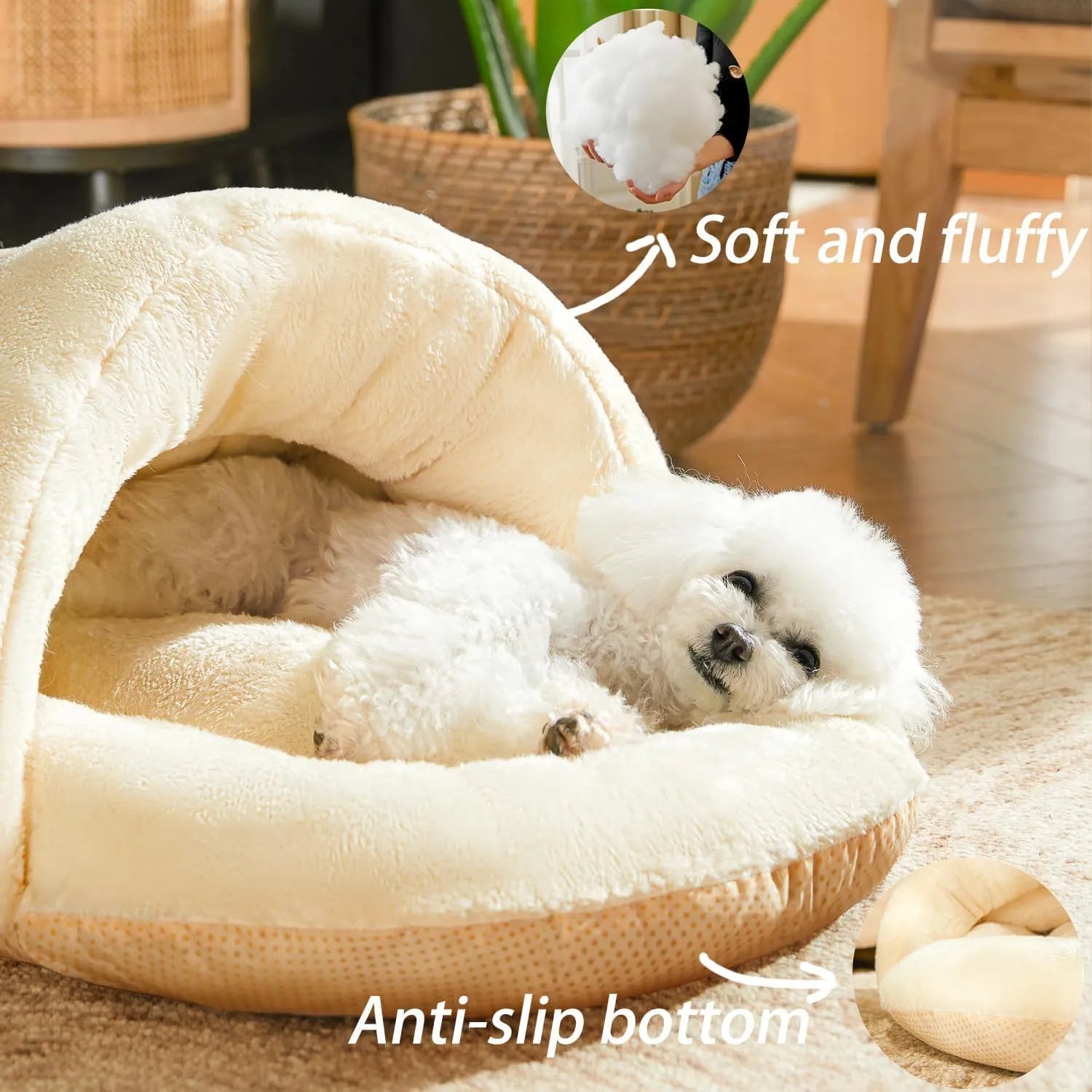 Slipper-shaped cat bed with corduroy exterior shown in closed cave configuration and opened flat position
