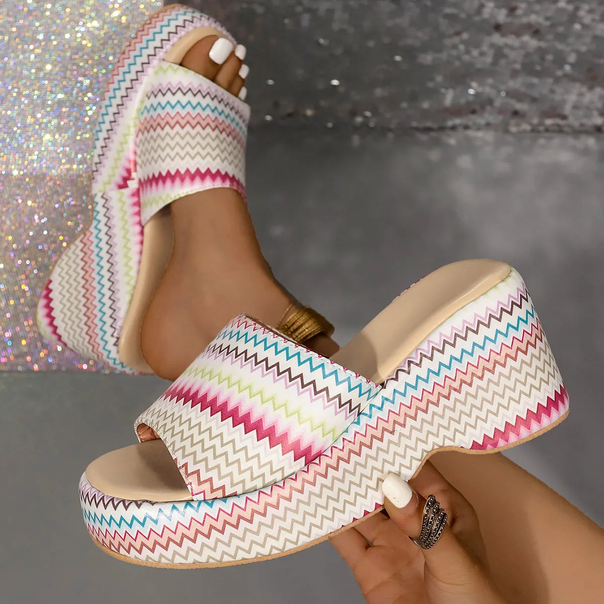 Women's wedge sandals with colourful wave print pattern and fish mouth toe design