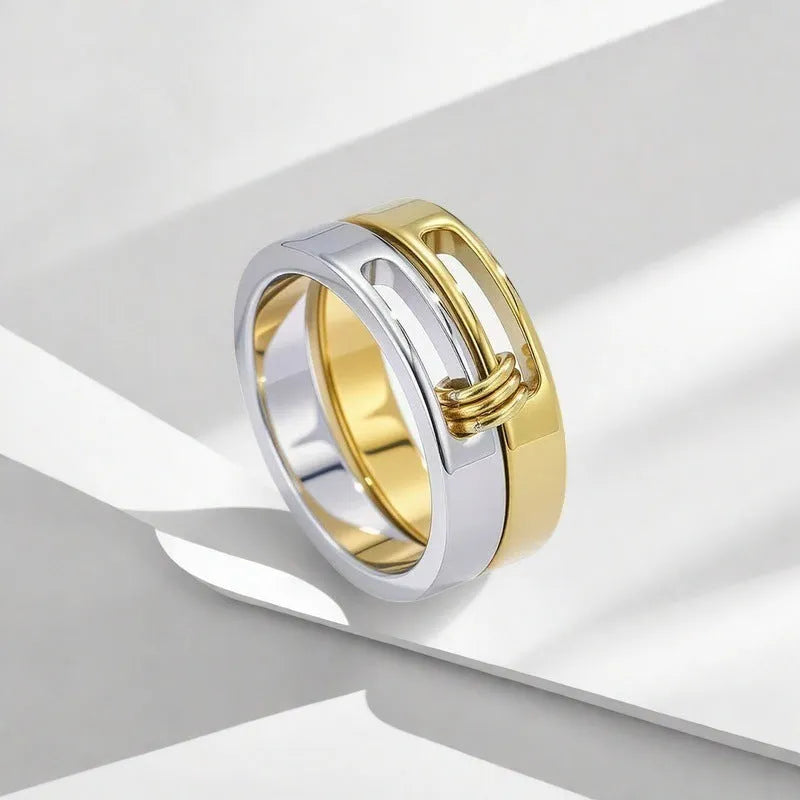 Gold electroplated double-layer twin ring on a finger, titanium steel construction, UK size options No 7 to No 9