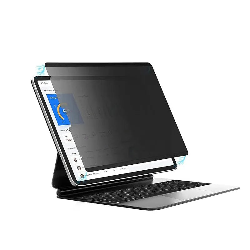 Magnetic iPad anti peeping film and storage clip shown next to an iPad
