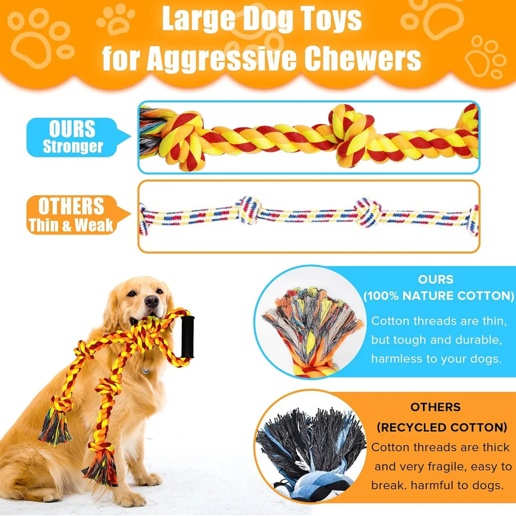 Blue and yellow cotton rope dog toy with non-slip handle for large breed aggressive chewers