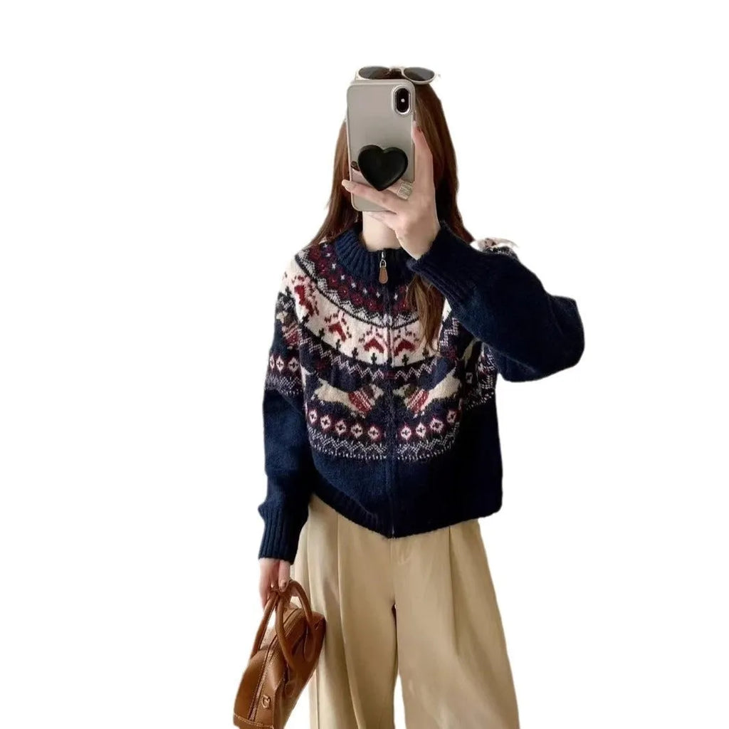 Beige apricot ethnic style jacquard pullover sweater with 3D pattern, round neck, and long sleeves laid flat.