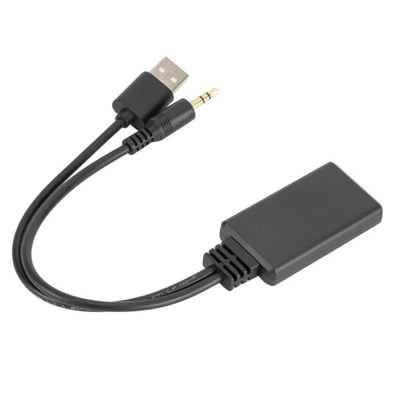 Black car AUX Bluetooth audio receiver with USB and 3.5mm output cables for wireless vehicle audio connection