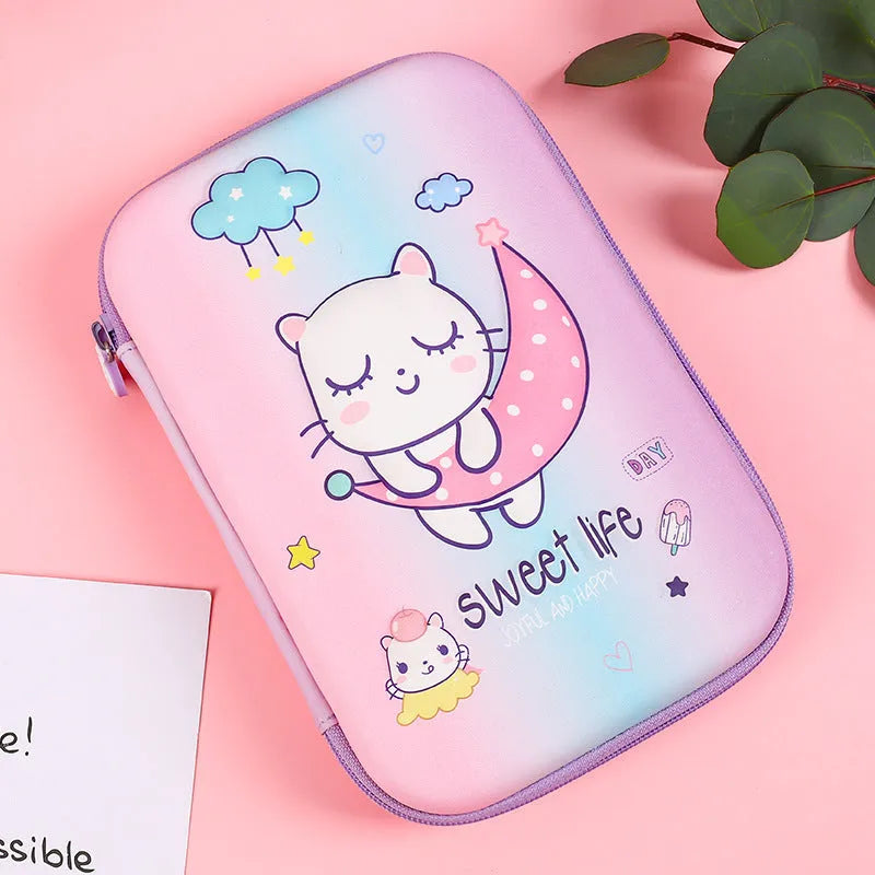 Canvas square pencil case with large capacity, showing cartoon anime print options of rabbit, dinosaur, and moon cat.