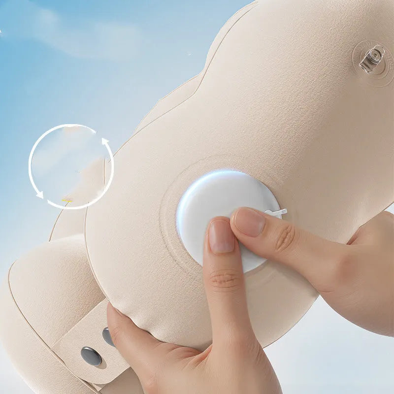 Inflatable blue and white cloud-pattern U-shaped travel neck pillow with carrying bag.