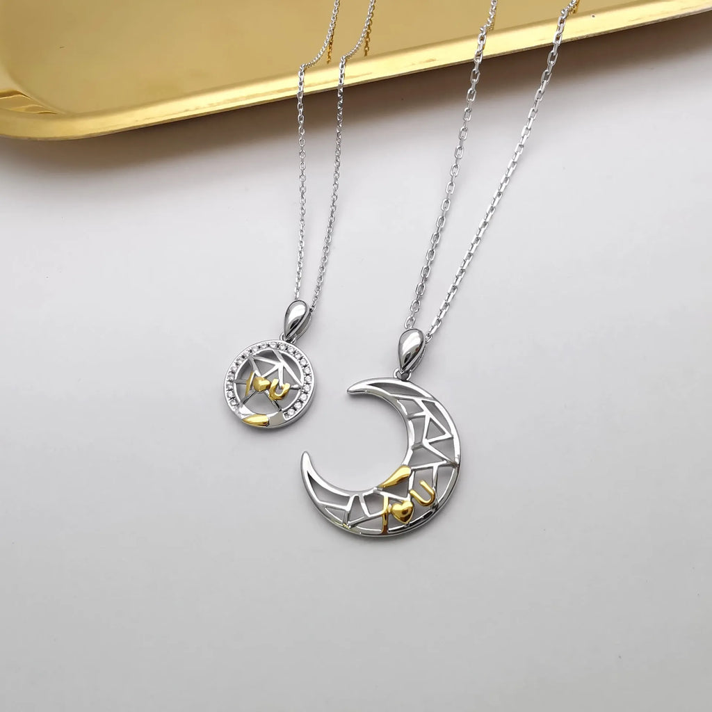 Sun Moon Tooth Couple Necklace with copper pendants on cross chain for men and women