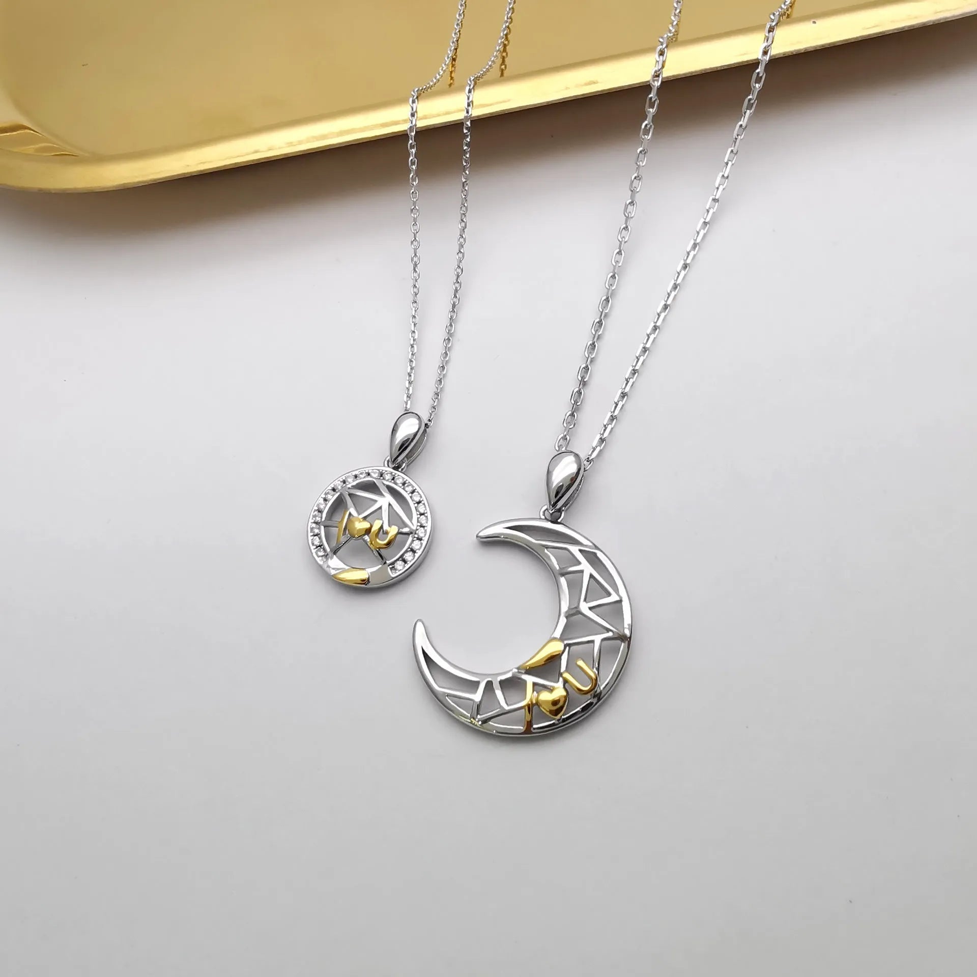 Sun Moon Tooth Couple Necklace with copper pendants on cross chain for men and women