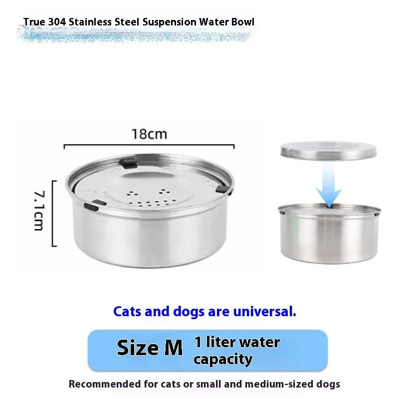 Silver stainless steel large capacity pet drinking water bowl for dogs and cats, 1L size shown