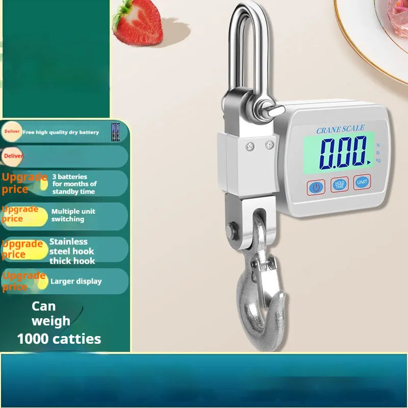 Electronic digital hook scale in blue, showing display and hook, for portable weighing up to 500kg.