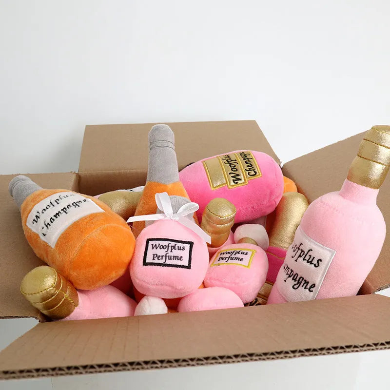Creative plush wine bottle pet toy for cats and small dogs in various colours