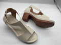 Plus size peep toe wedge sandals with Roman buckle detailing in light brown colour