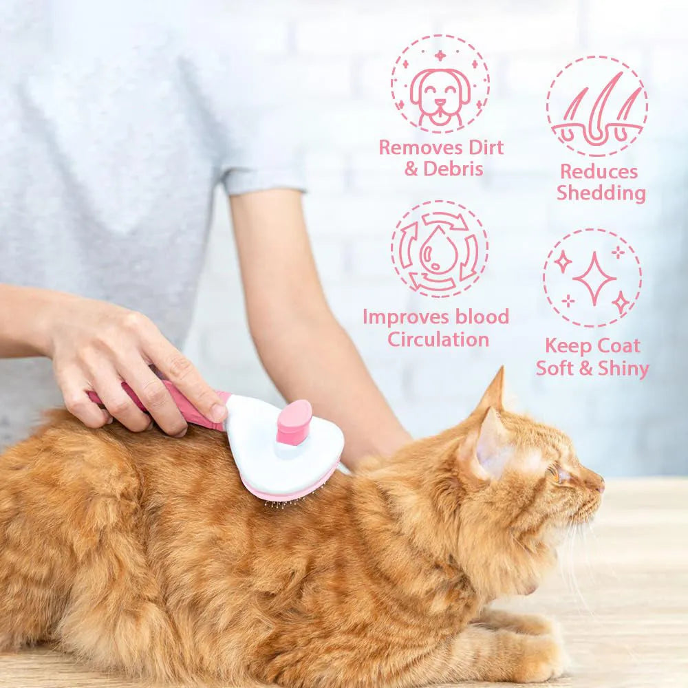 Blue cat deshedding brush with a release button, fine wire bristles, for removing loose fur from pets.