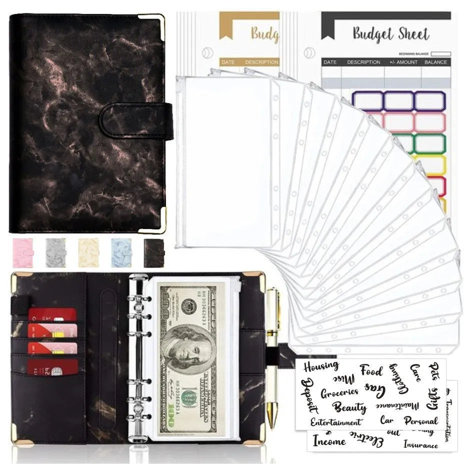 A6 loose-leaf binder journal with marbling leather PU cover, open to show budget sheets and zip pockets