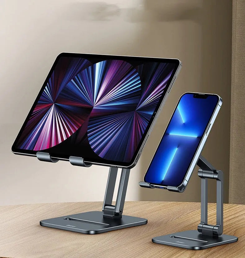 Deep space grey aluminium folding stand holding a tablet and a mobile phone separately.