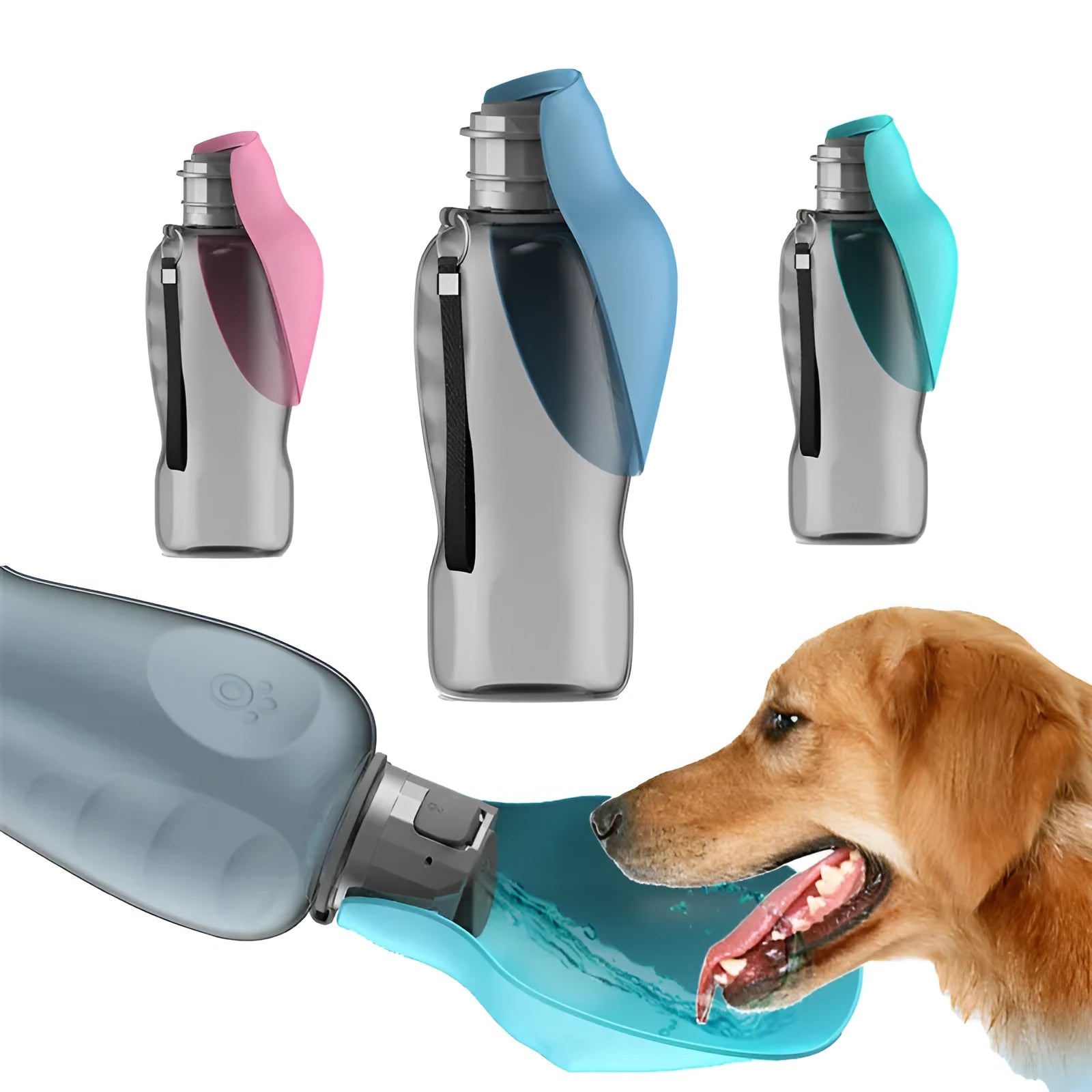 Blue grey portable 800ml dog water bottle with foldable drinking bowl and wrist strap.