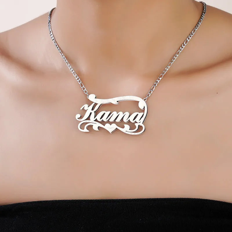 Personalised name necklace with double layer wave heart pendant in stainless steel