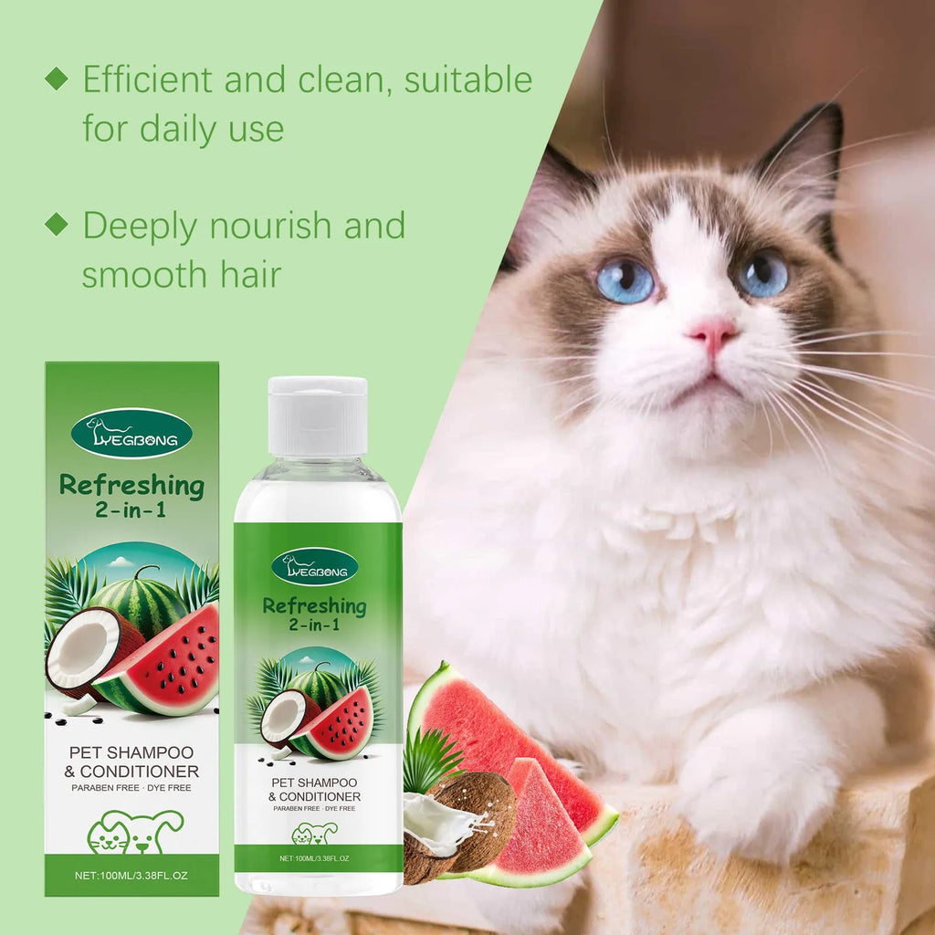 100ml bottle of pet 2-in-1 shampoo and fragrance shower gel with watermelon and coconut extract.