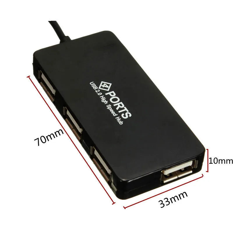 4-port USB 2.0 hub in black with switch and 14.5 cm cable, compact size 70×30×10 mm