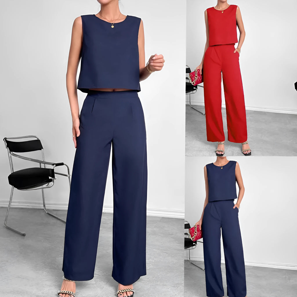 Red sleeveless top and wide leg trousers two-piece set on Asian model
