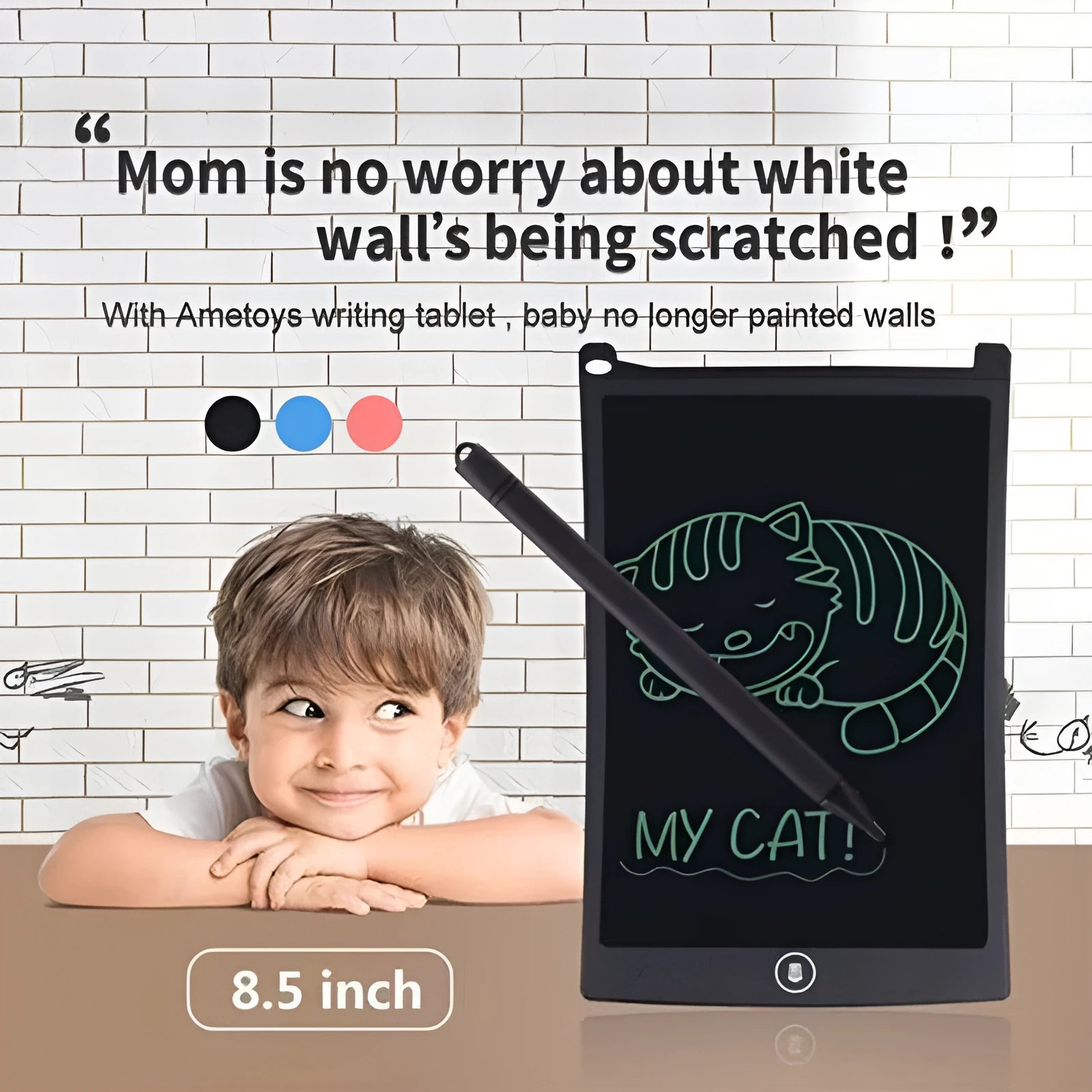 8.5 inch LCD electronic drawing board writing tablet in blue with pen, one-button lock and clear screen functions
