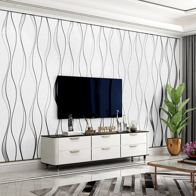 Close-up of light grey curve stripe 3D velvet wallpaper texture on a non-woven roll