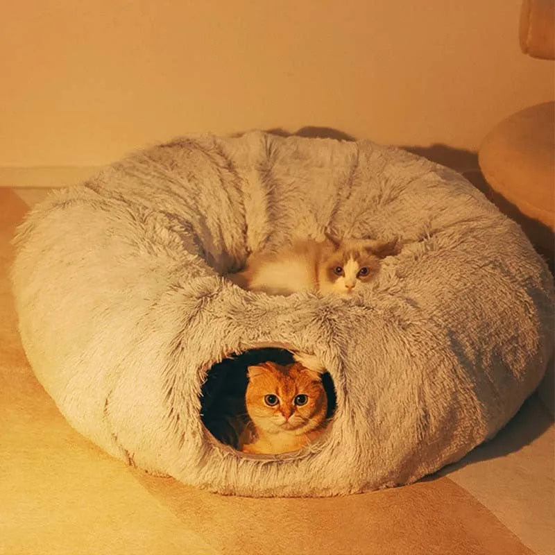 Plush collapsible cat bed with tunnel, non-slip base, and removable washable cushion for indoor pets