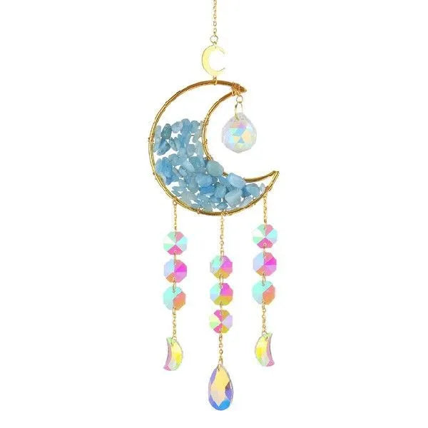 Silver metal holder with a large white K9 crystal moon pendant for car rear view mirror.