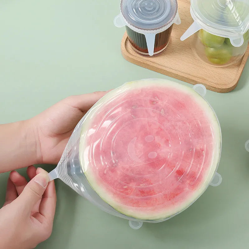 Six silicone stretch food covers in different sizes from 6.5cm to 20.5cm diameter