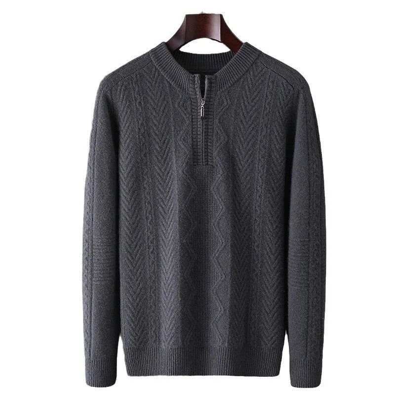 Men's loose fit wool sweater with diamond pattern and half-zip front in light camel colour