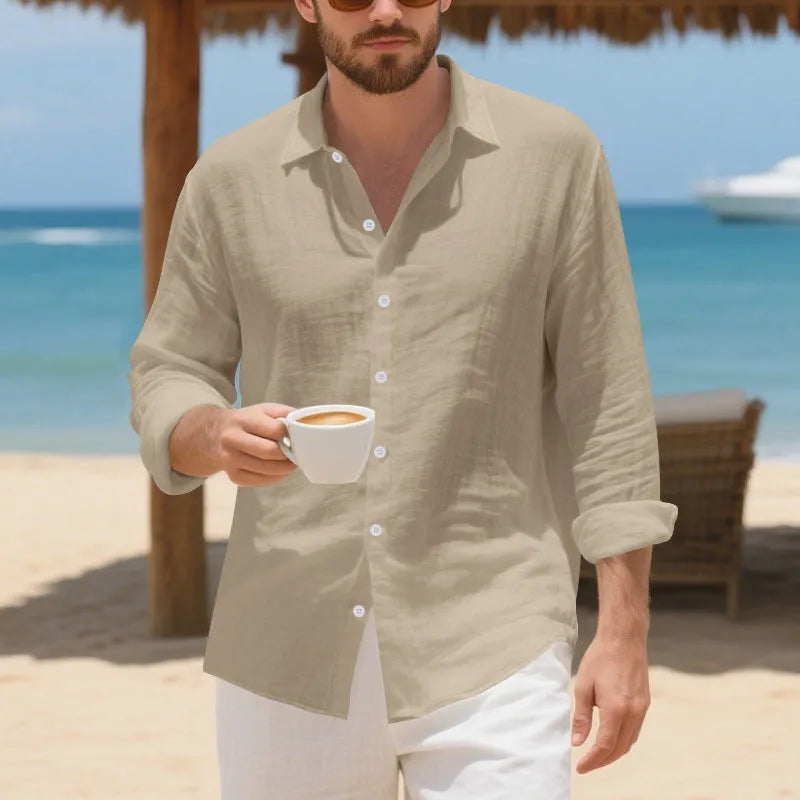 Man wearing a loose-fit light blue linen casual shirt with short sleeves