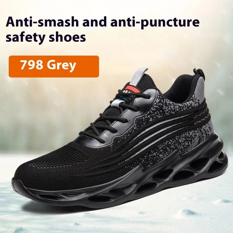 Brown leather men's work safety shoe with rubber sole, shown on a grey background.