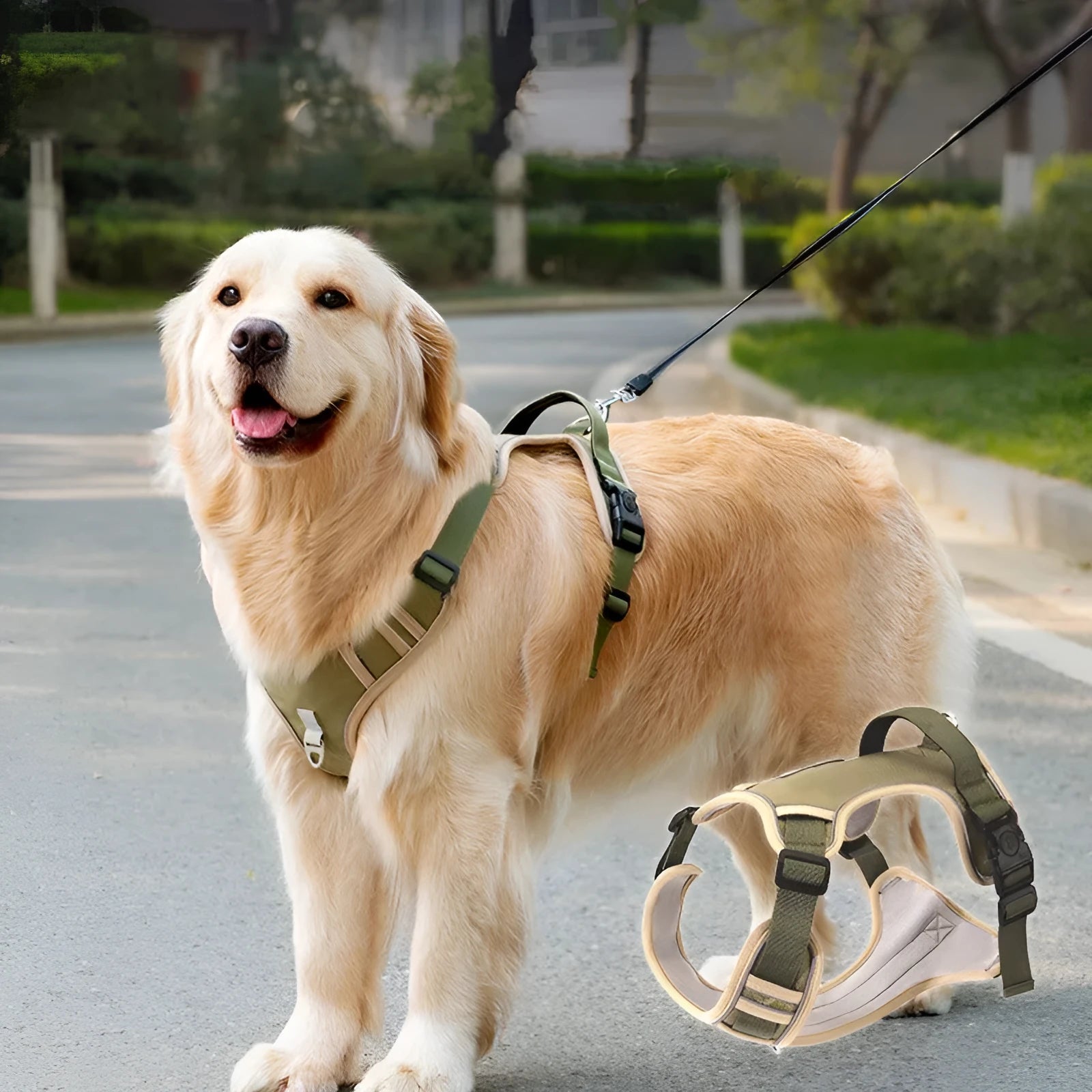 Pet chest strap harness in Army Green Oxford cloth with dog hand holding rope, suitable for 4kg-24kg dogs
