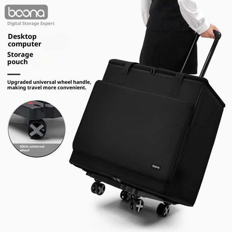 Black Oxford cloth desktop computer host storage bag holding a PC tower and 27-inch display