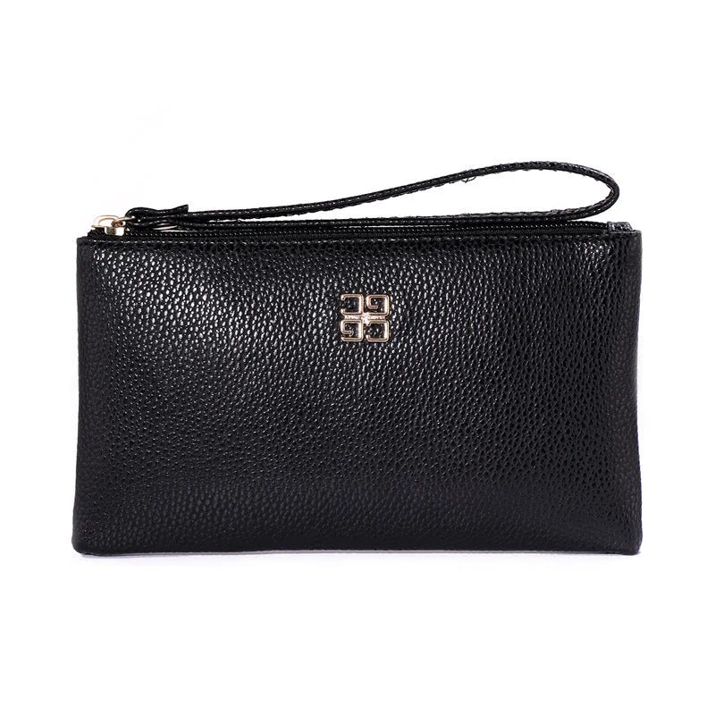 Long 55-inch black PU leather phone wallet handbag with a zipper, showing sewing line detail.