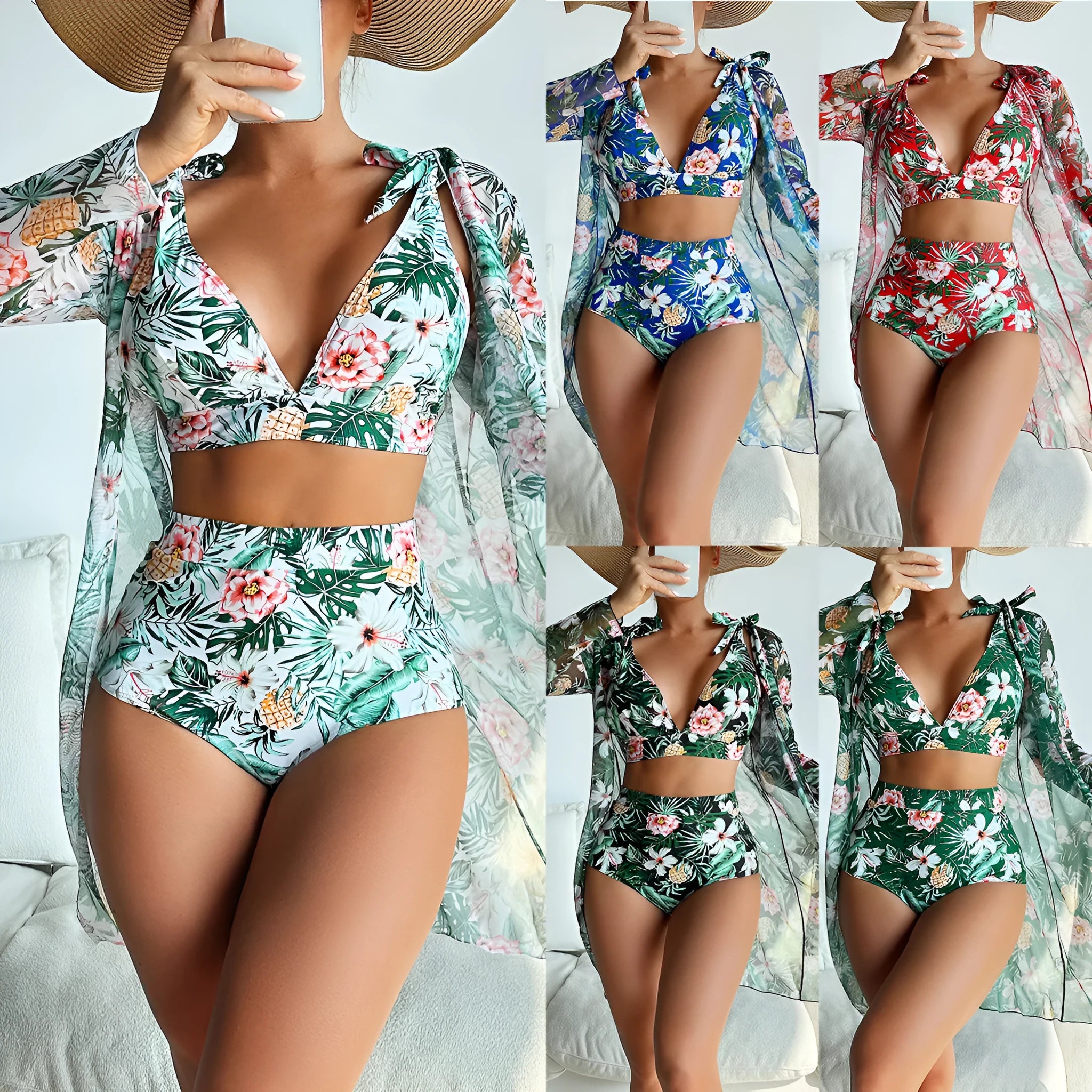Women's three-piece printed bikini swimsuit set showing multicolour pattern, high elasticity construction