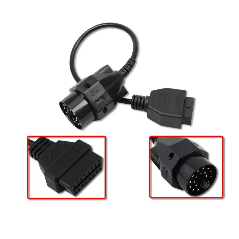 BMW diagnostic adapter cable showing 20-pin plug and standard 16-pin OBD2 socket.